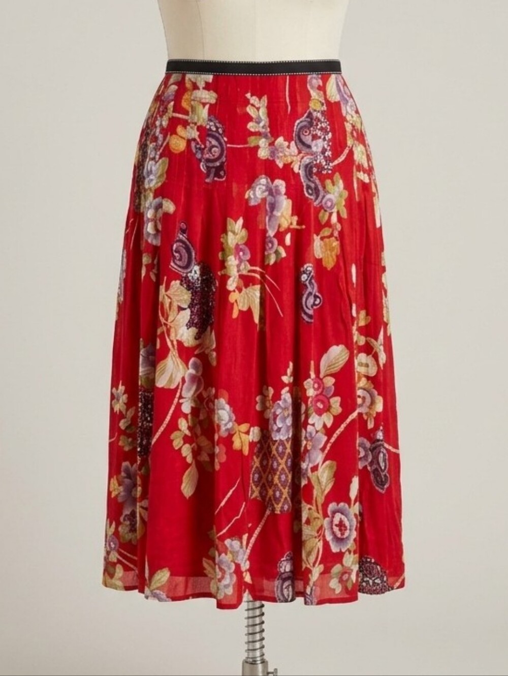Oscar de la Renta Red Floral Silk Skirt 14